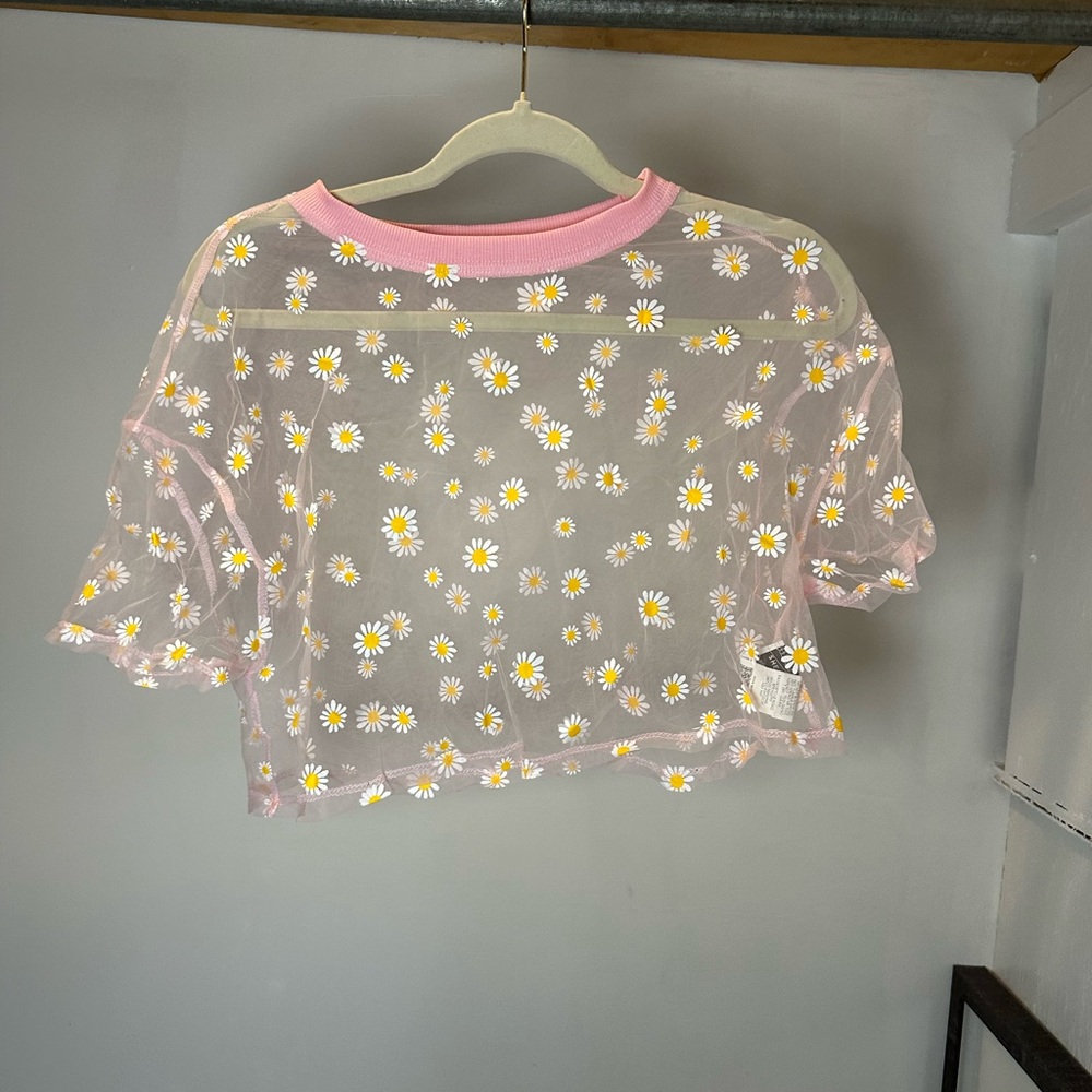 SHEIN Sheer Floral Top with Pink and Yellow Accents
